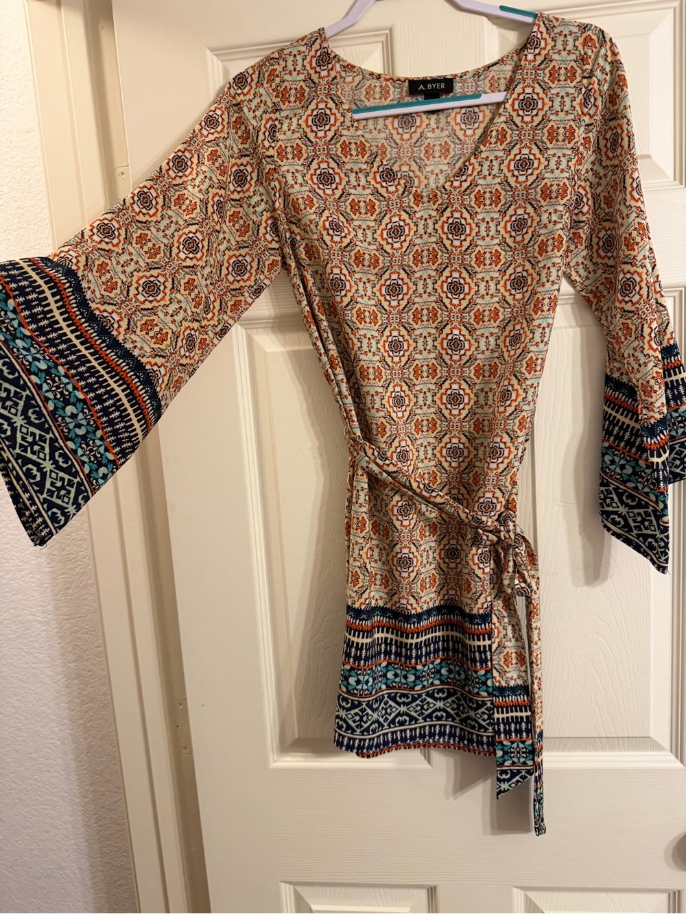 A. Byer Orange Printed Mini Wrap Dress with Navy & Teal Accents